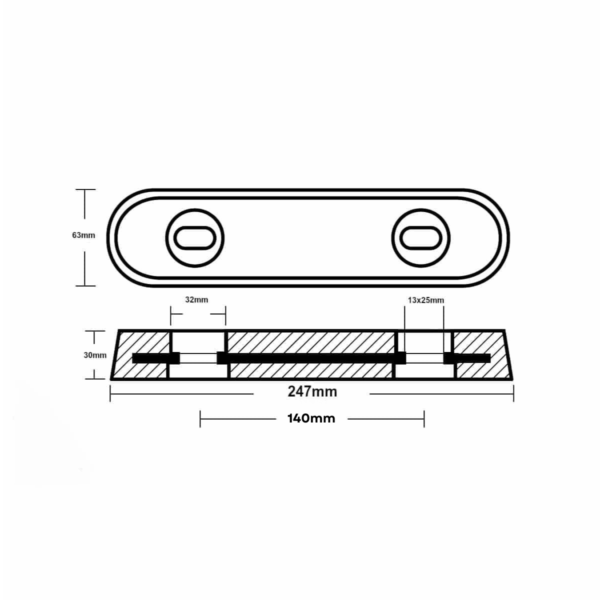 Cavo Bar Anode Vetus Type 25, 250x63x29mm, Zinc Anodes Cavo Yachting