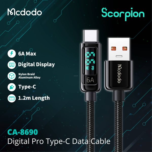 Mcdodo Cable 6A USB-A to Type-C with Digital Display, 1.2m, Black Gadgets Cavo Yachting